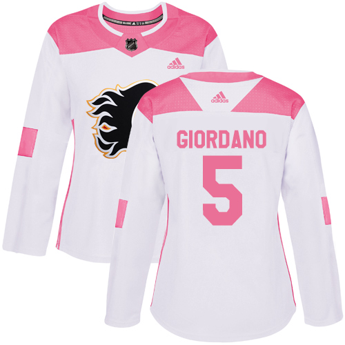 Adidas Flames #5 Mark Giordano White/Pink Authentic Fashion Women's Stitched NHL Jersey